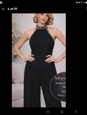 Adrianna Papell Black Halter Jumpsuit with Beaded Neckline